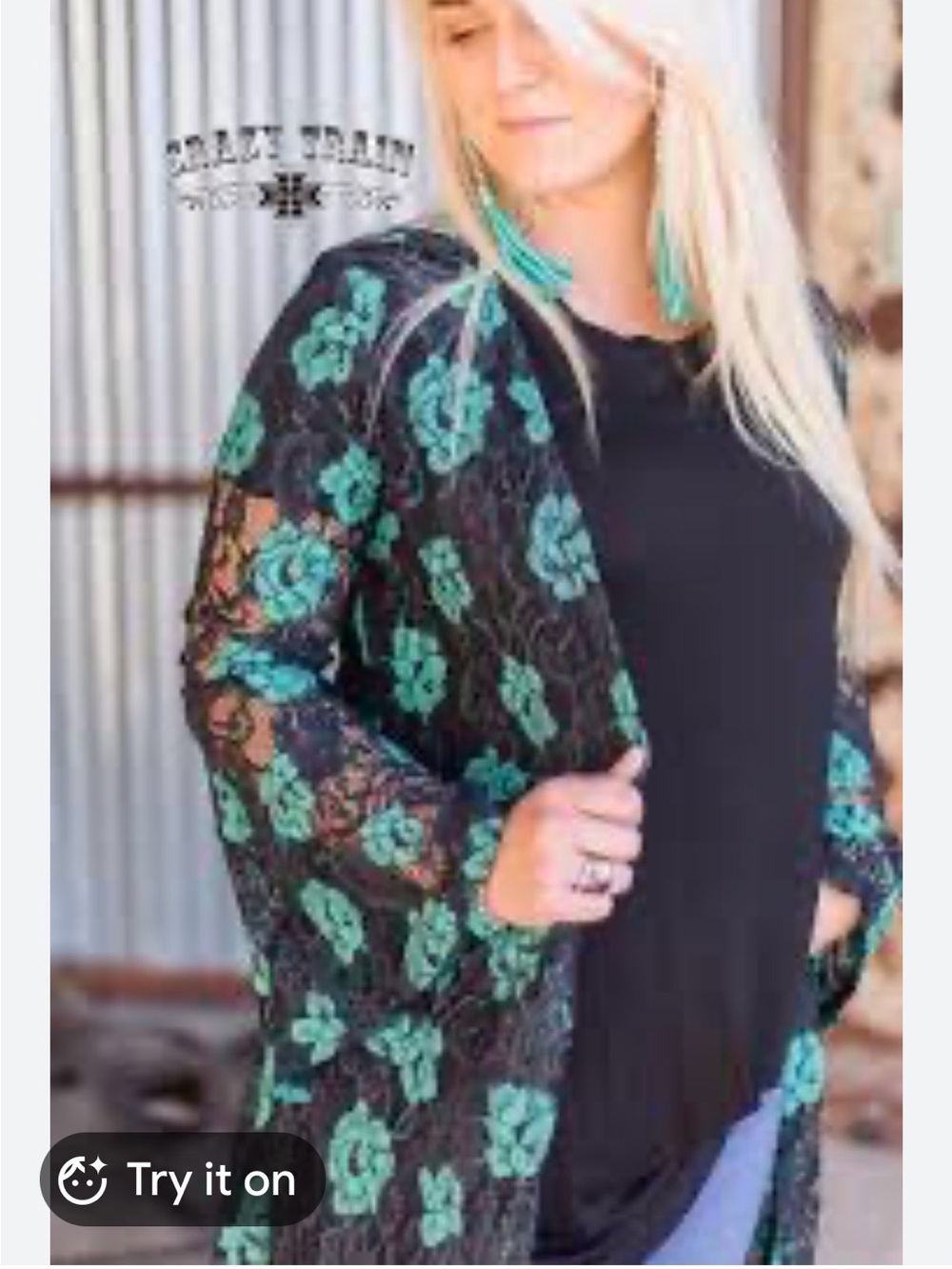 Crazy TrainSheer Black Lace Duster with Teal Floral Pattern; Size XL